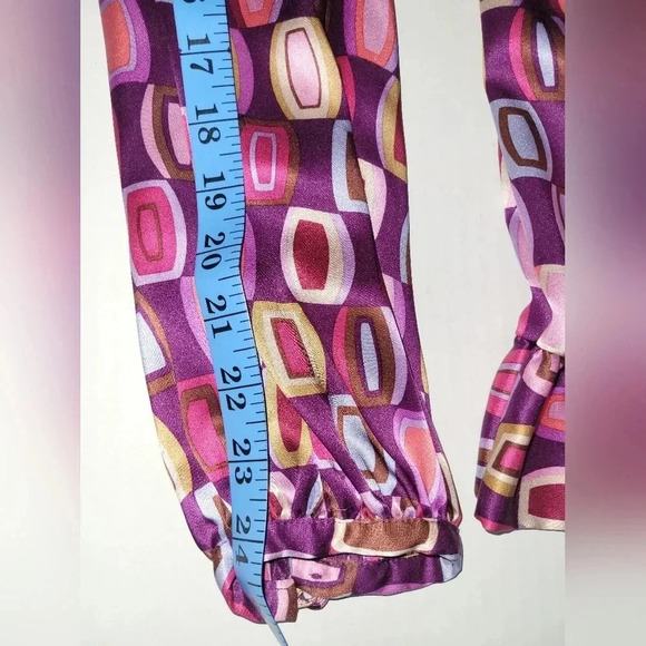100% Silk dress retro psychedelic colorful ruffle trim romantic Geometric Sz 10 - Picture 8 of 8
